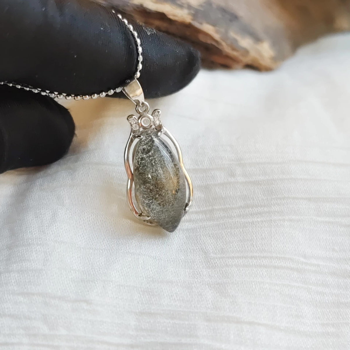 Deep Green Phantom Quartz Silver Pendant Necklace