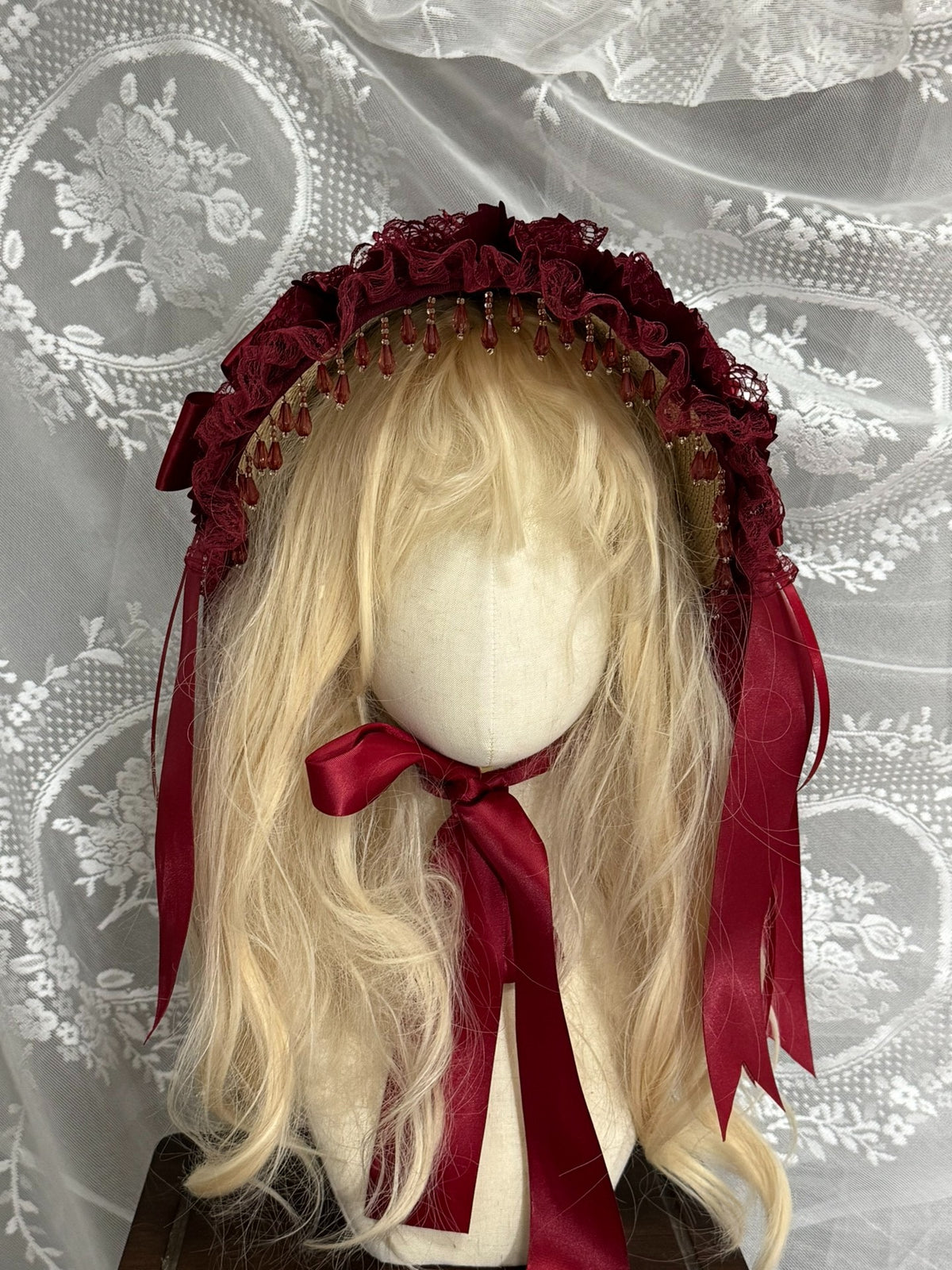 Wine Red Lolita Bonnet with Satin Bow
