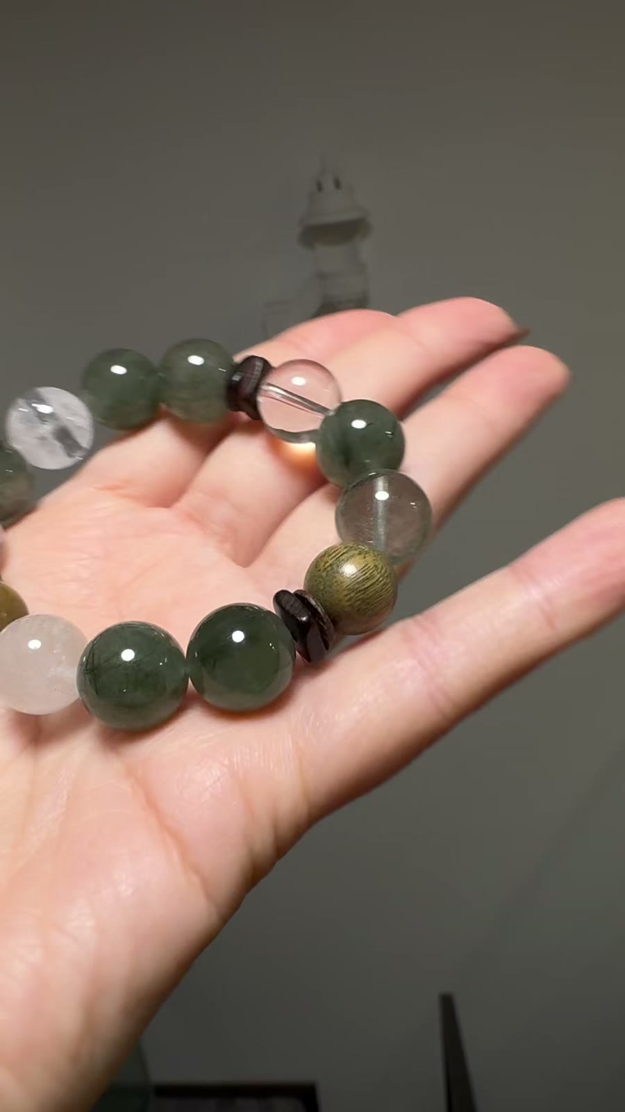 Green Phantom White Quartz Sandalwood Bead Bracelet