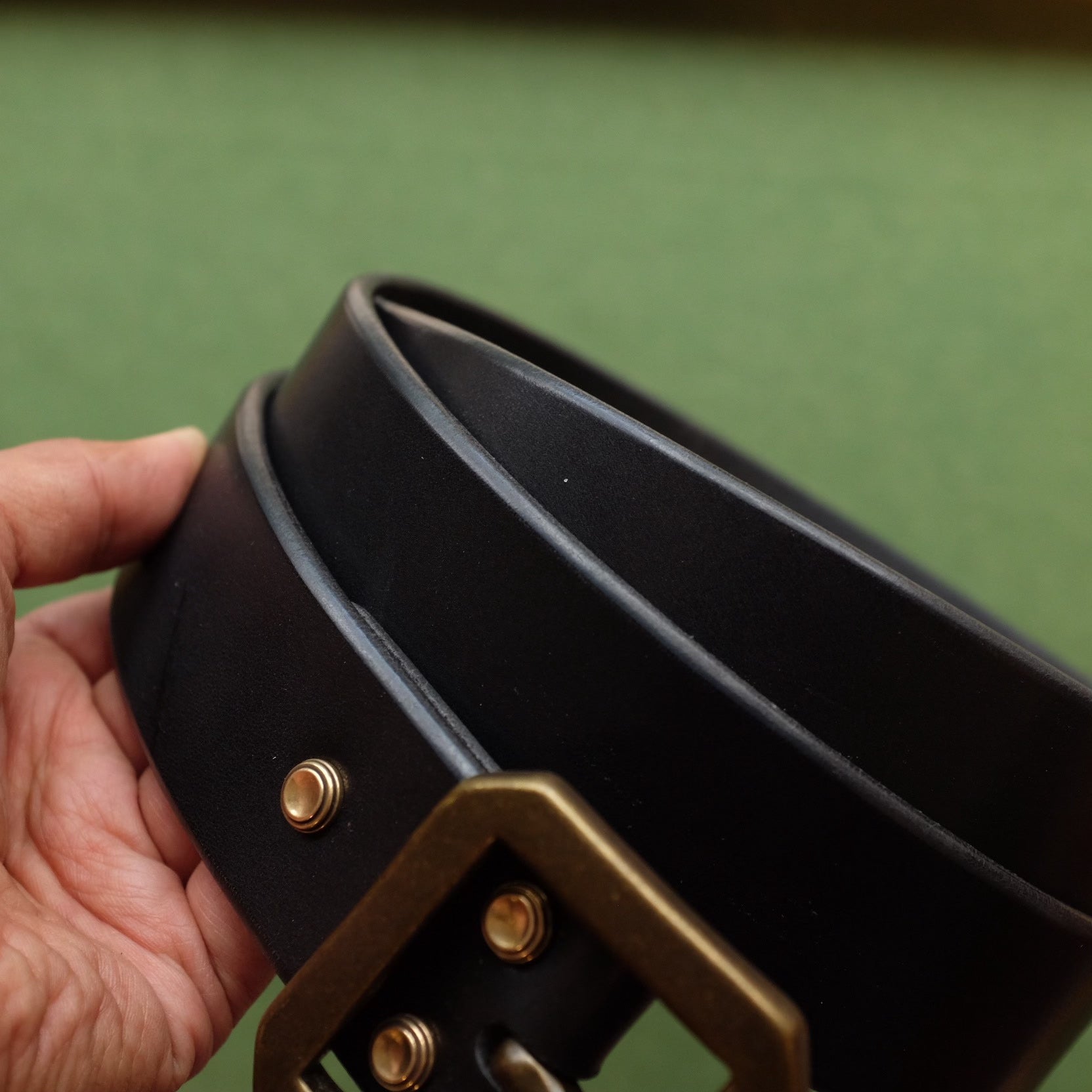 Black Leather Belt with Hexagonal Aged Brass Buckle and Three Rivets