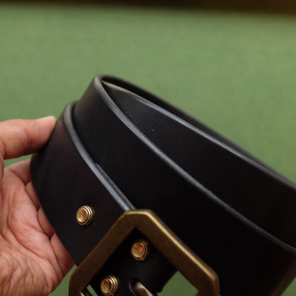 Black Leather Belt with Hexagonal Aged Brass Buckle and Three Rivets