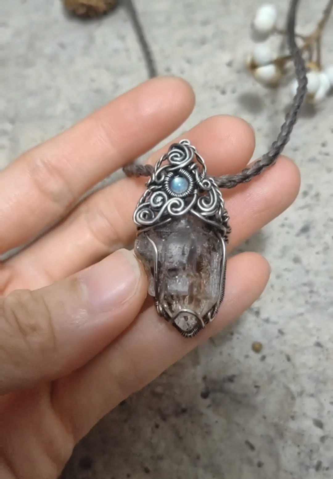 Wire-Wrapped Pendant Necklace with Tea Skeleton Crystal