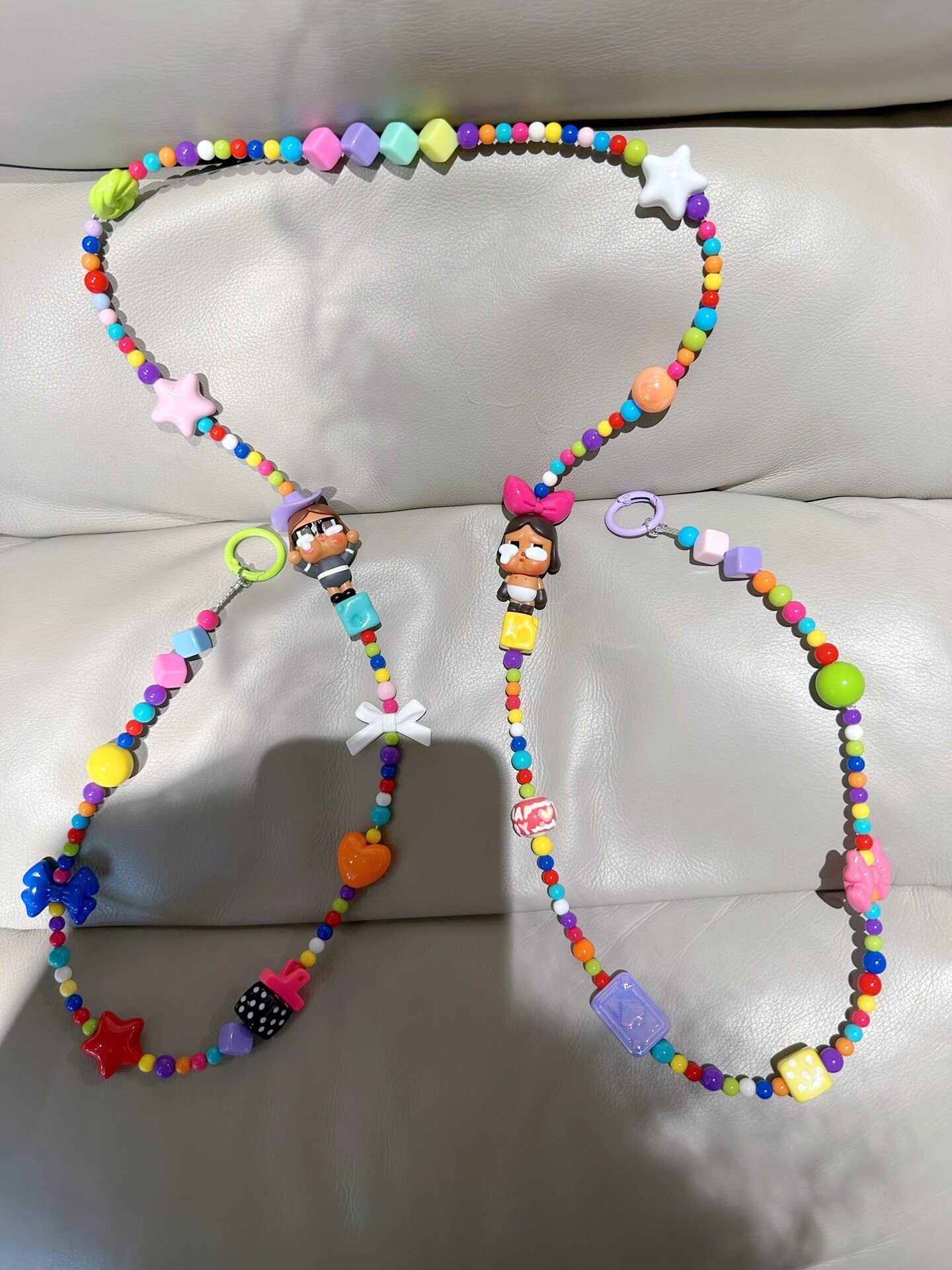 Colorful Beaded Phone Strap with Character Figures and Carabiner Clips