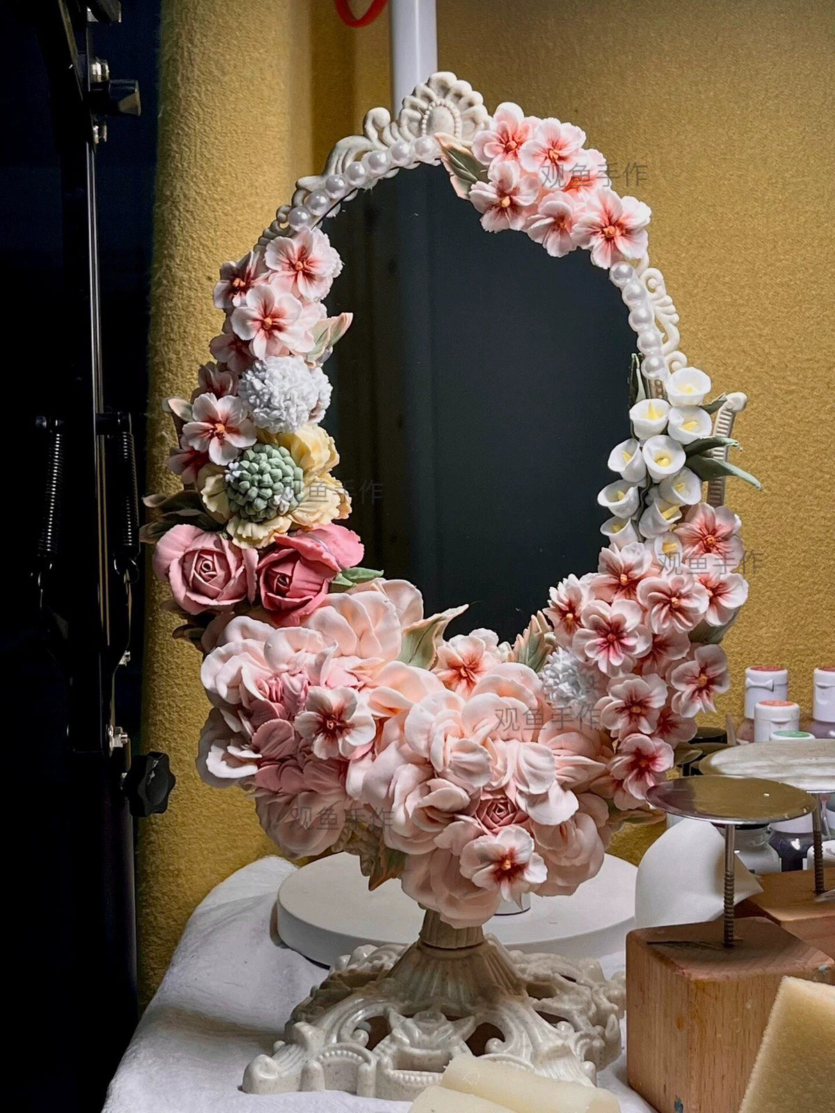 Clay Flower Ornate Oval Vanity Mirror