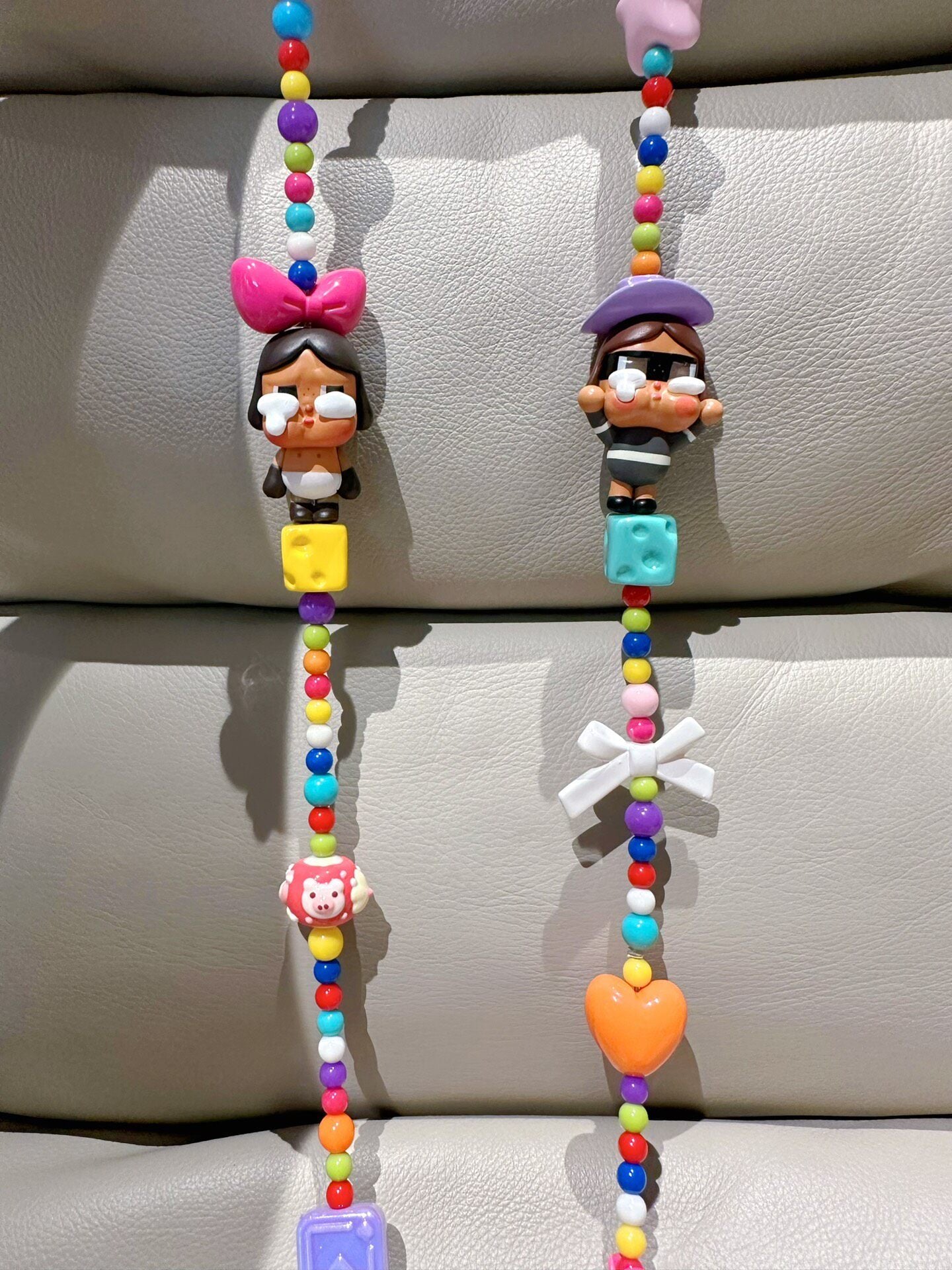 Colorful Beaded Phone Strap with Character Figures and Carabiner Clips