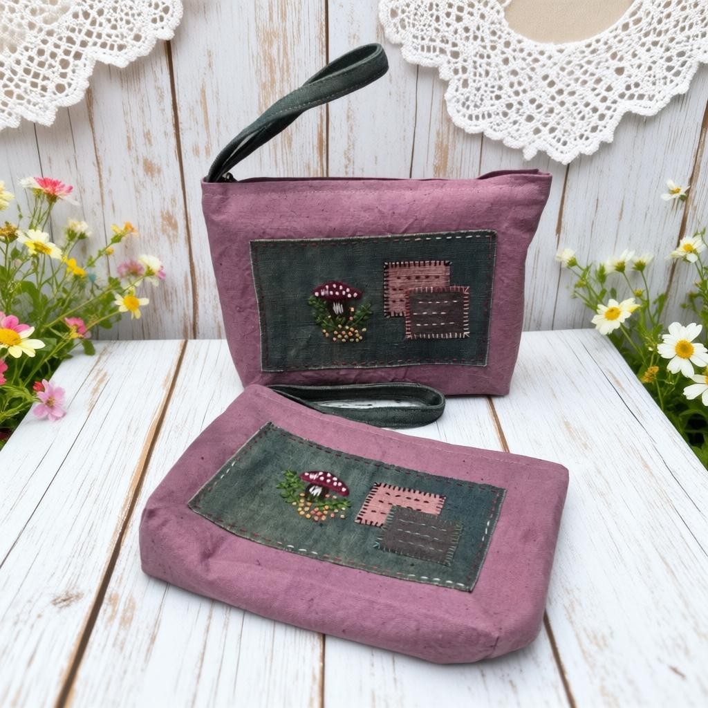 Handwoven Pink Pouch with Mushroom Embroidery