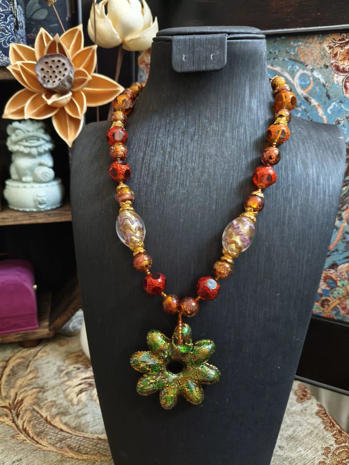 Czech Glass Flower Pendant Necklace Emerald Green