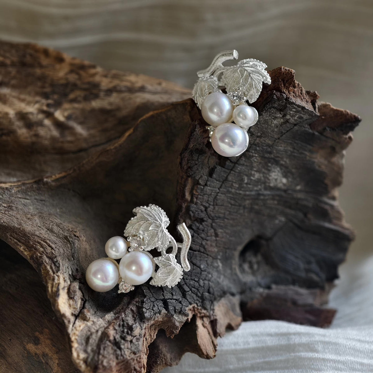 Grape Cluster Natural Pearl Silver Earrings