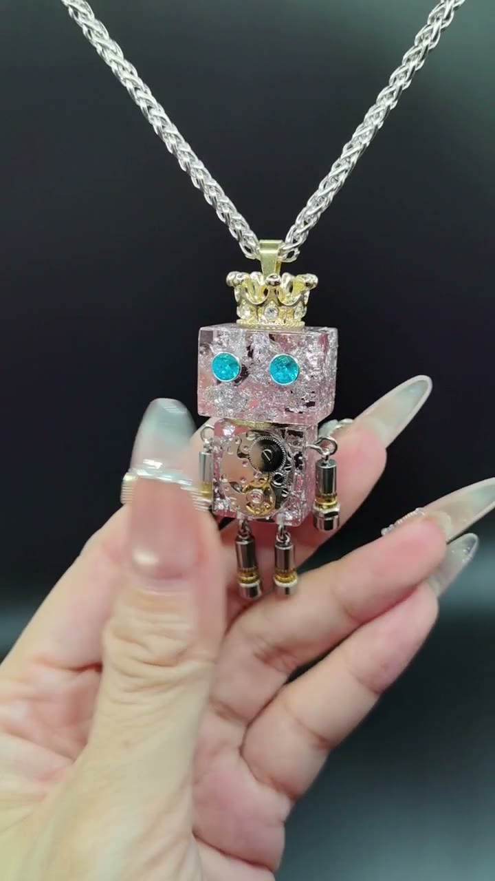 Pink Robot Pendant with Crown