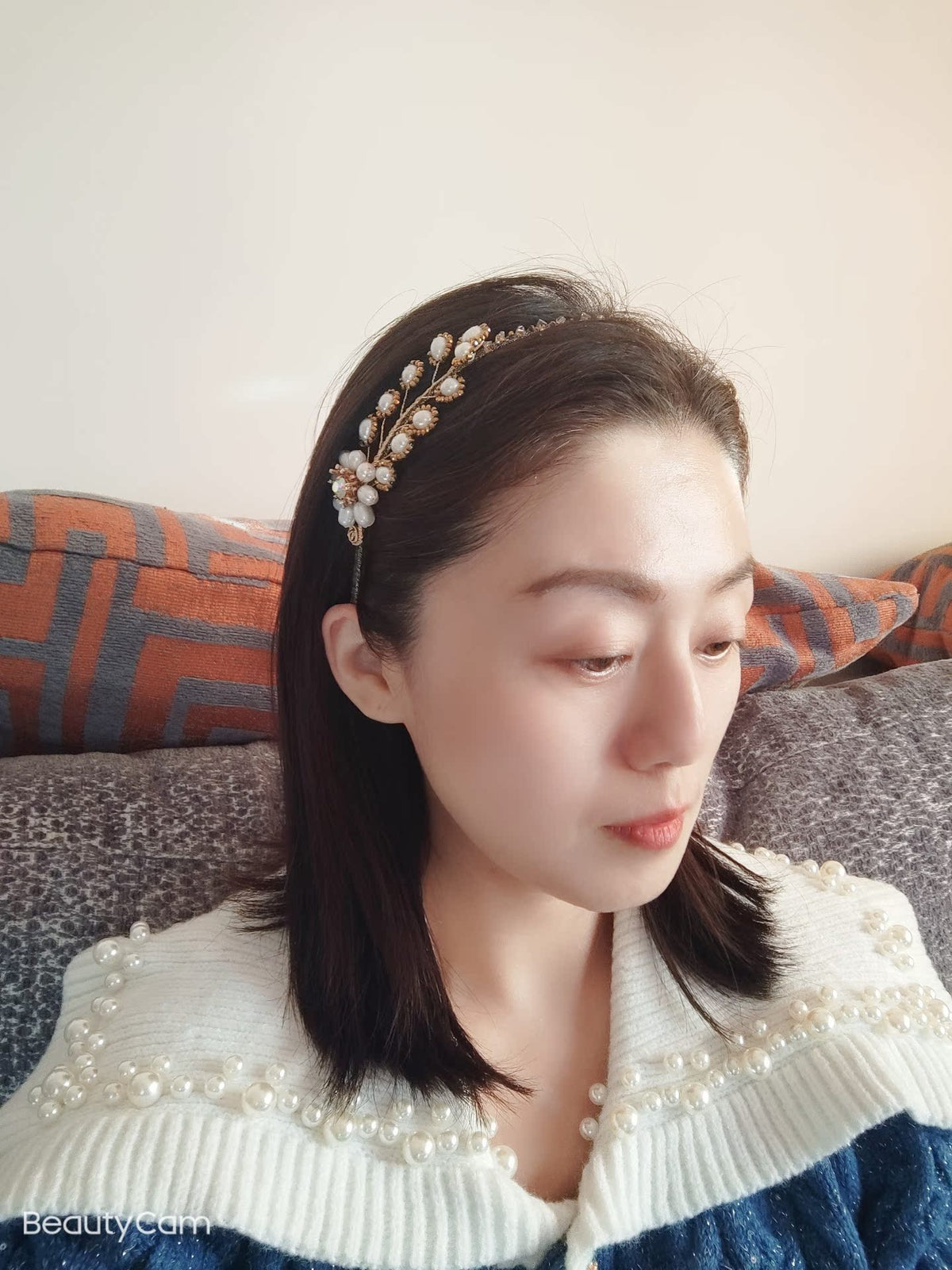 Pearl Leaf Headband with Rose Gold Wire