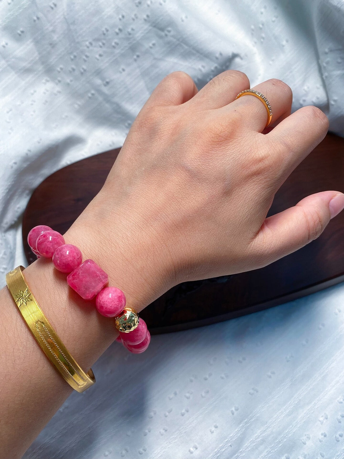 Rhodonite Beaded Bracelet with Cube Accent