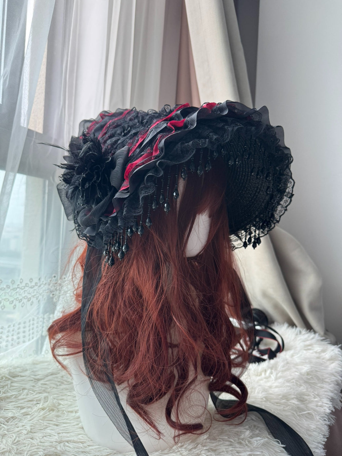 Handcrafted Lolita Flat Hat with Beaded Fringe