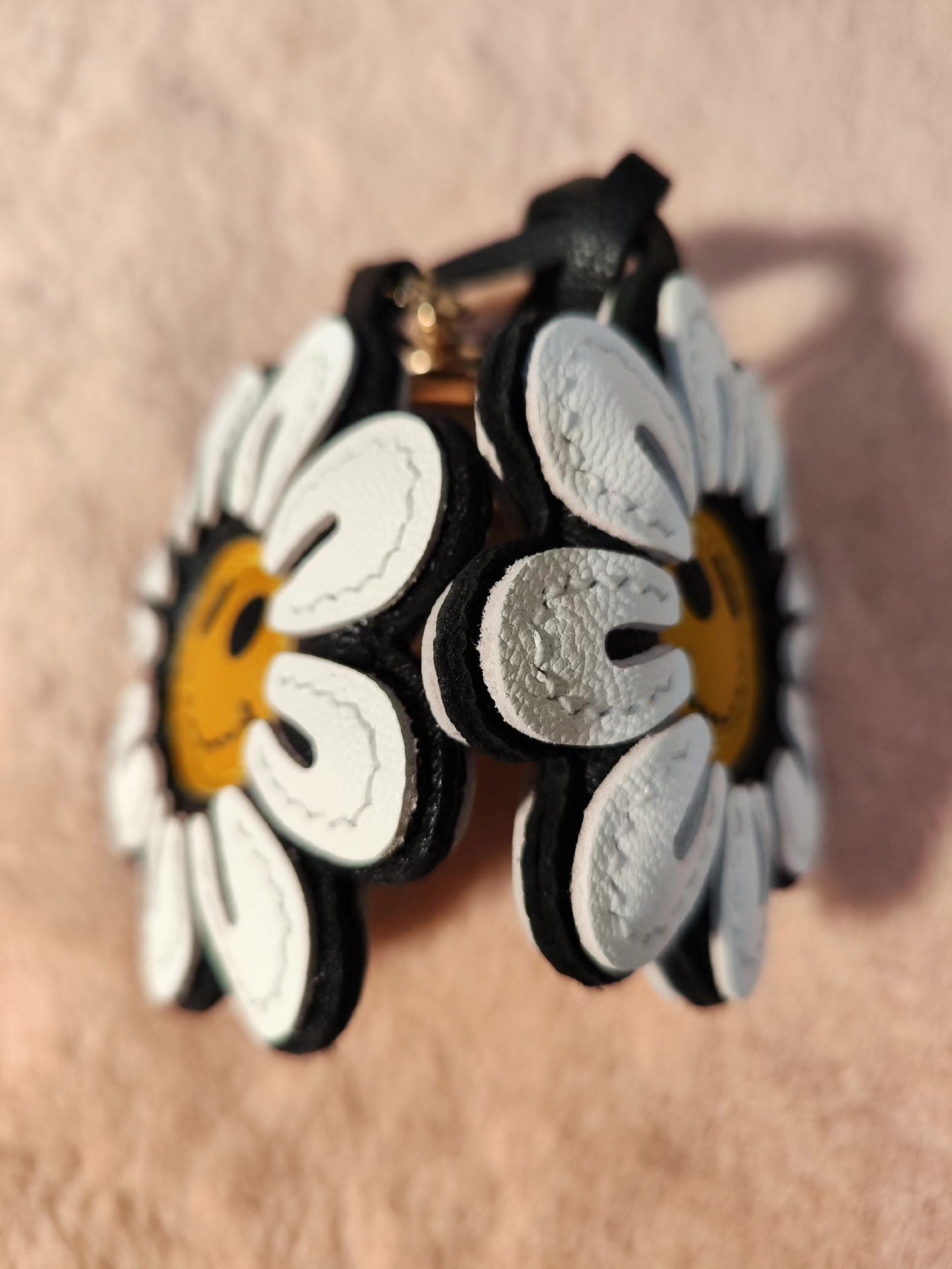 Leather Sunflower Smiley Face Keychain with Metal Ring
