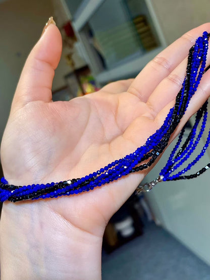 Six-Layer Strand Beaded Necklace, Faceted Blue and Black Beads, 40cm