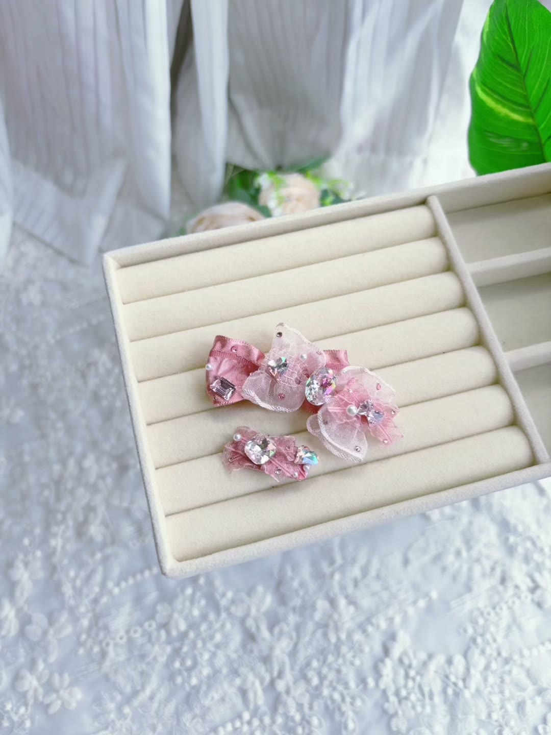 Ganchos de Cabelo com Laço de Cristal Rosa para Animais