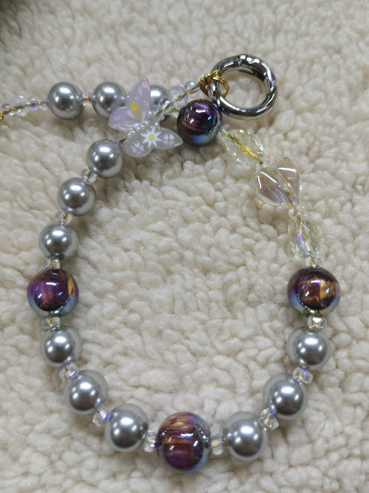 Silver Grey Pearl Iridescent Glass Phone Strap