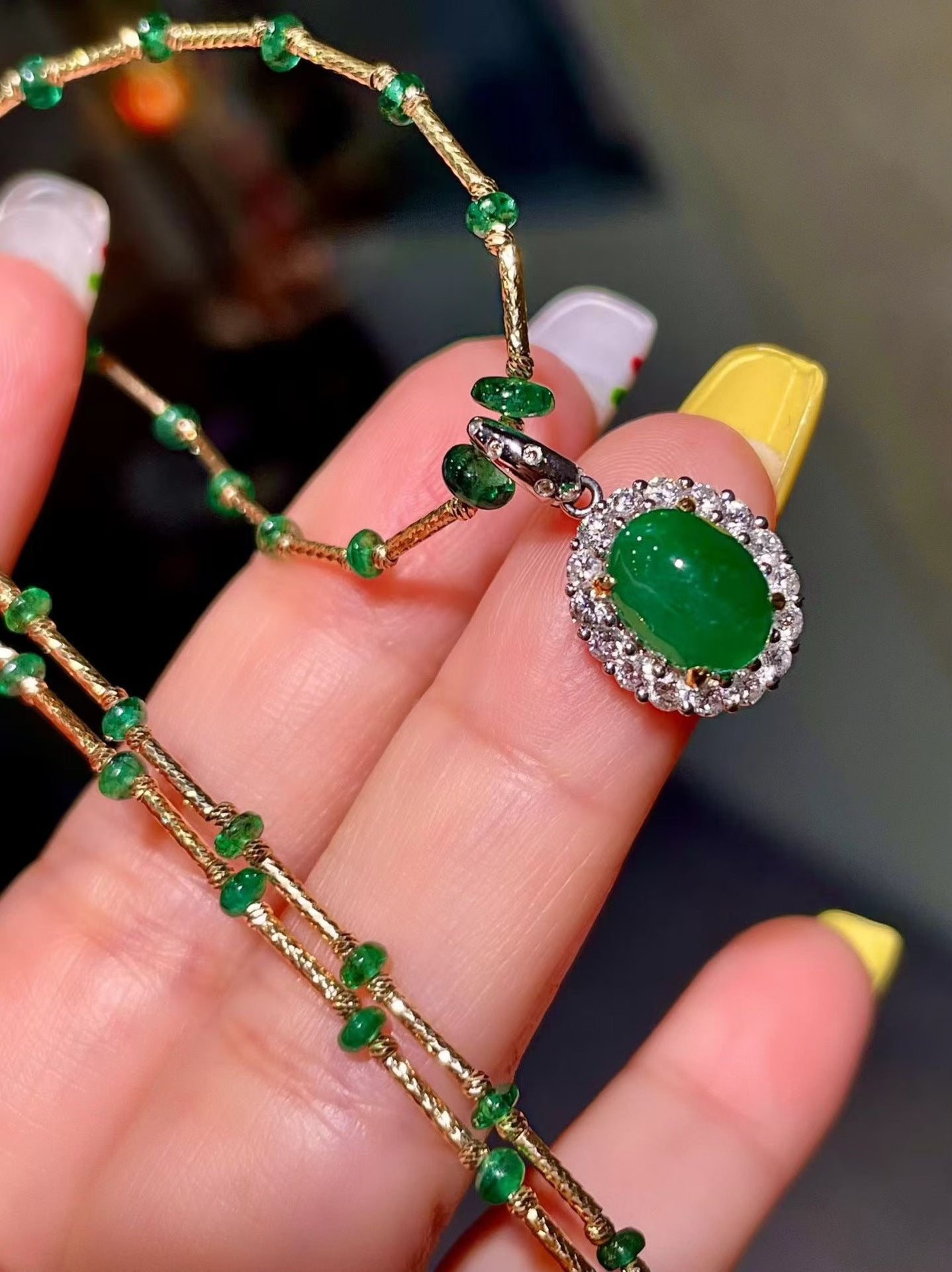 Emerald Cabochon Pendant Necklace with Adjustable Clasp
