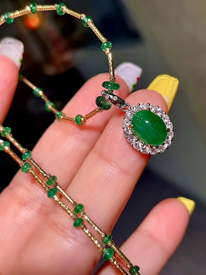 Emerald Cabochon Pendant Necklace with Adjustable Clasp