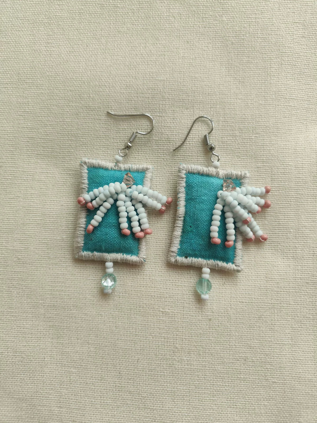 Teal Fabric Beaded Tassel Earrings