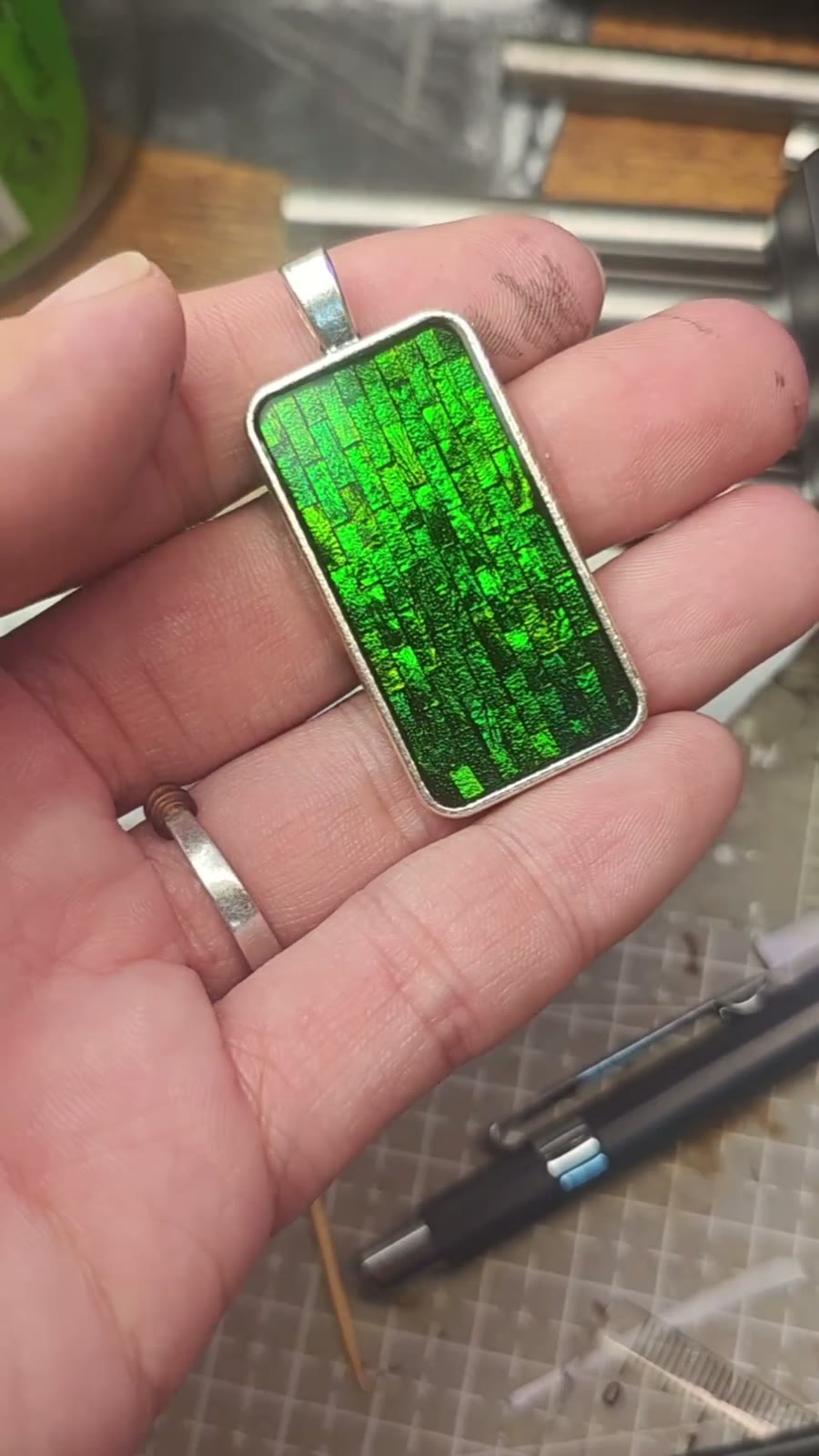 Jewel Beetle Mosaic Pendant Necklace Antique Silver