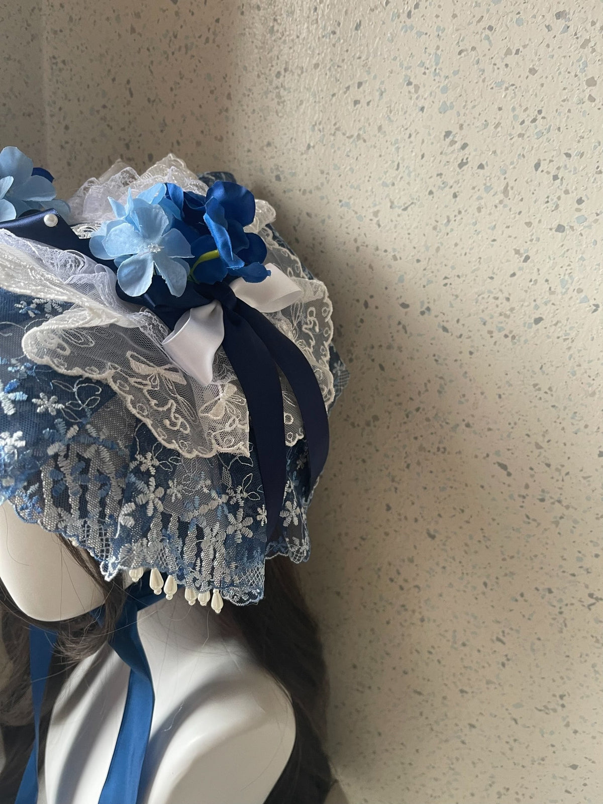 Lolita Blue White Lace Bonnet Handmade