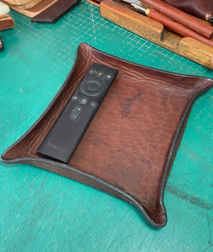 Hand-Carved Leather Tray with Upturned Corners