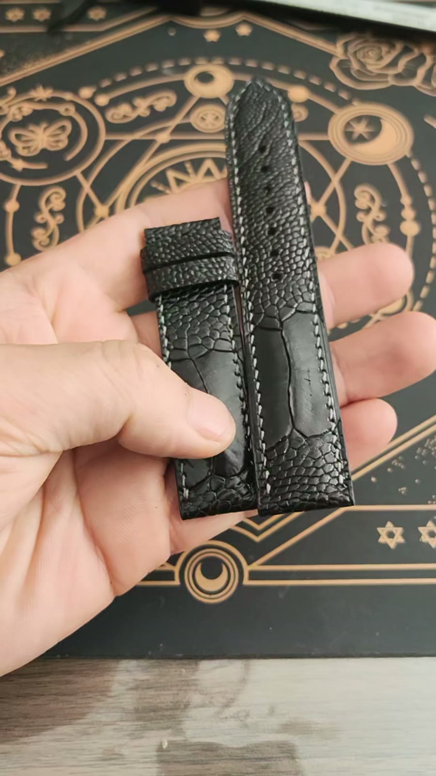 Black Ostrich Leg Leather Watch Strap 21-19mm