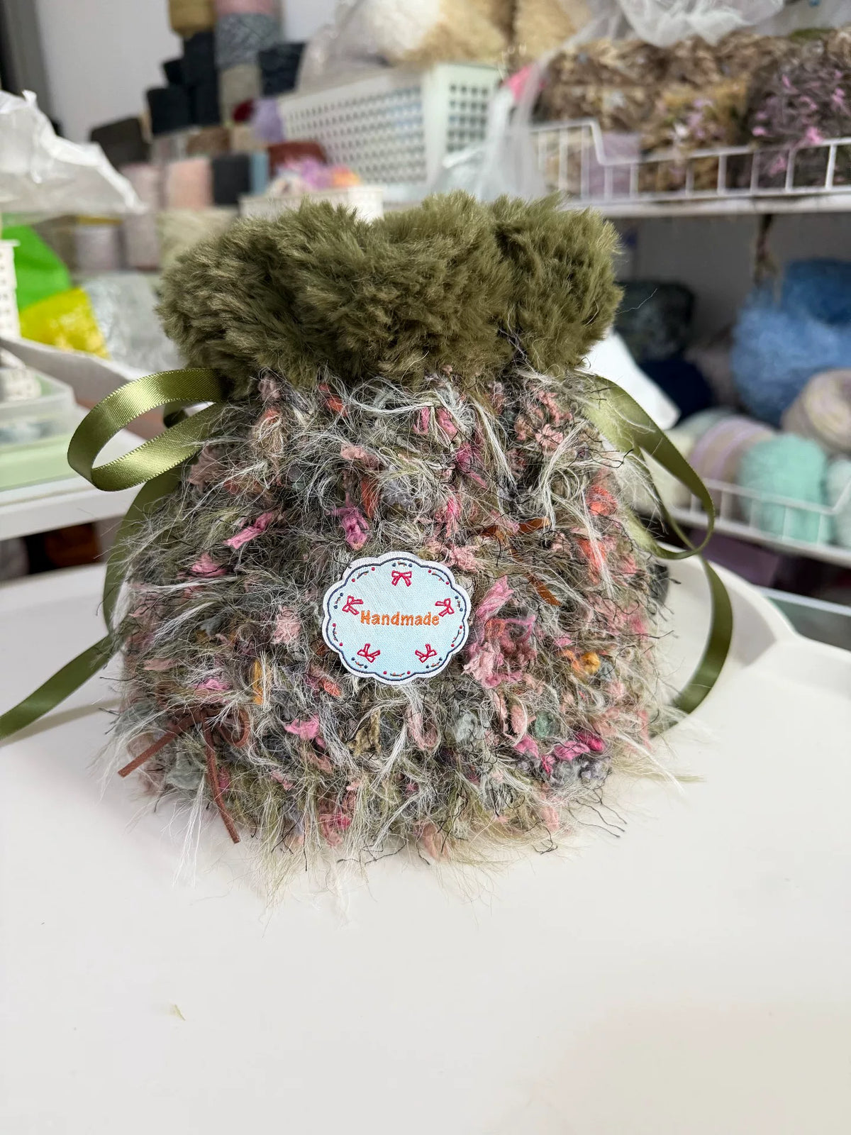 Handmade Crochet Drawstring Pouch with Faux Fur Trim
