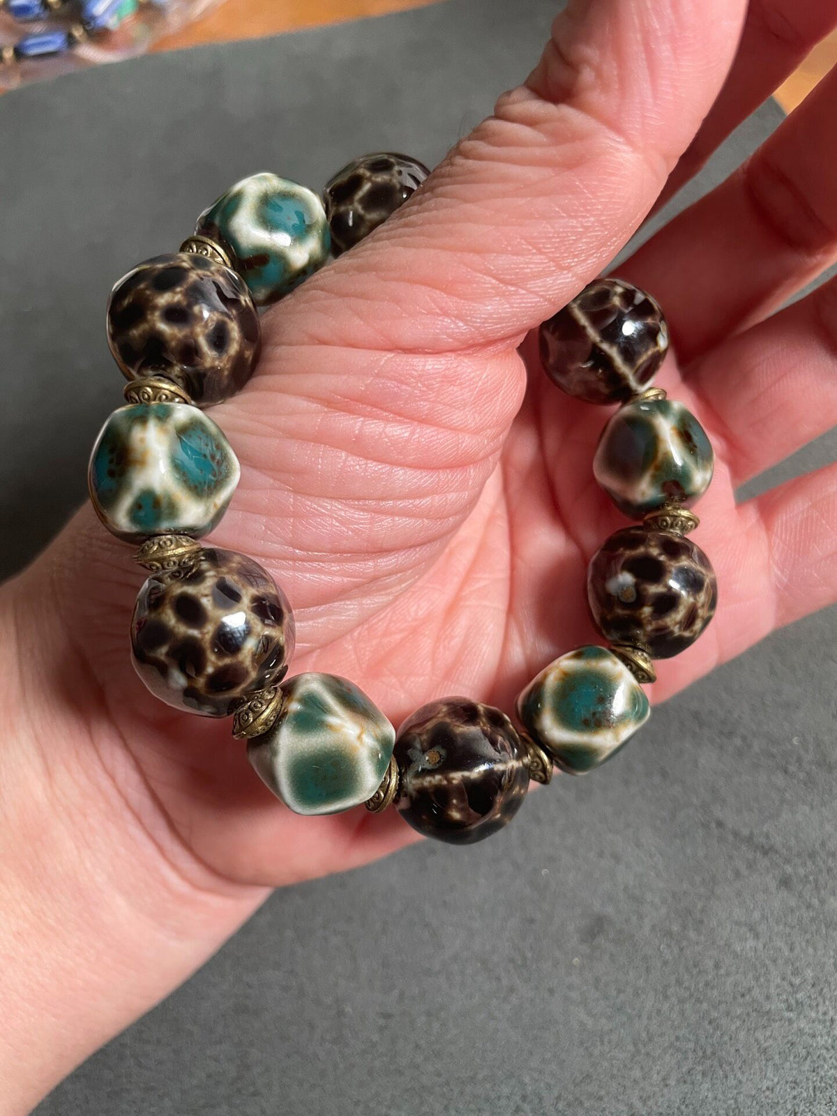 Handmade Ceramic Bead Bracelet Turquoise Brown