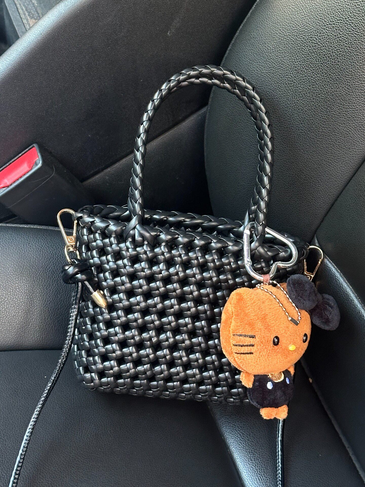 Handwoven Rattan Bag Black Cat Charm
