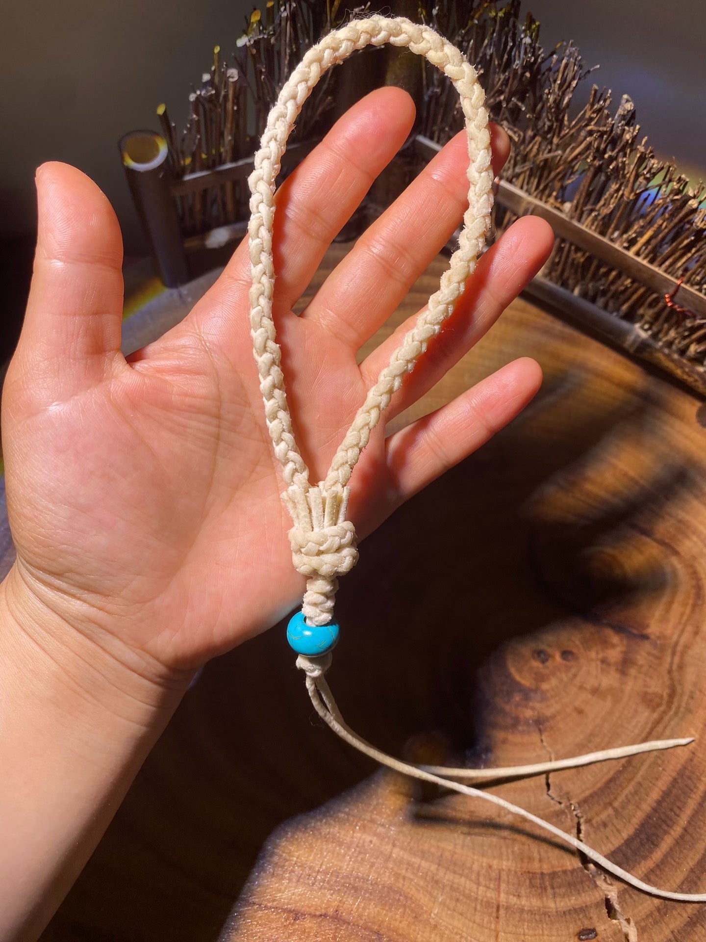 Handwoven Creamy White Rope Keychain with Amber Bead and Pendant