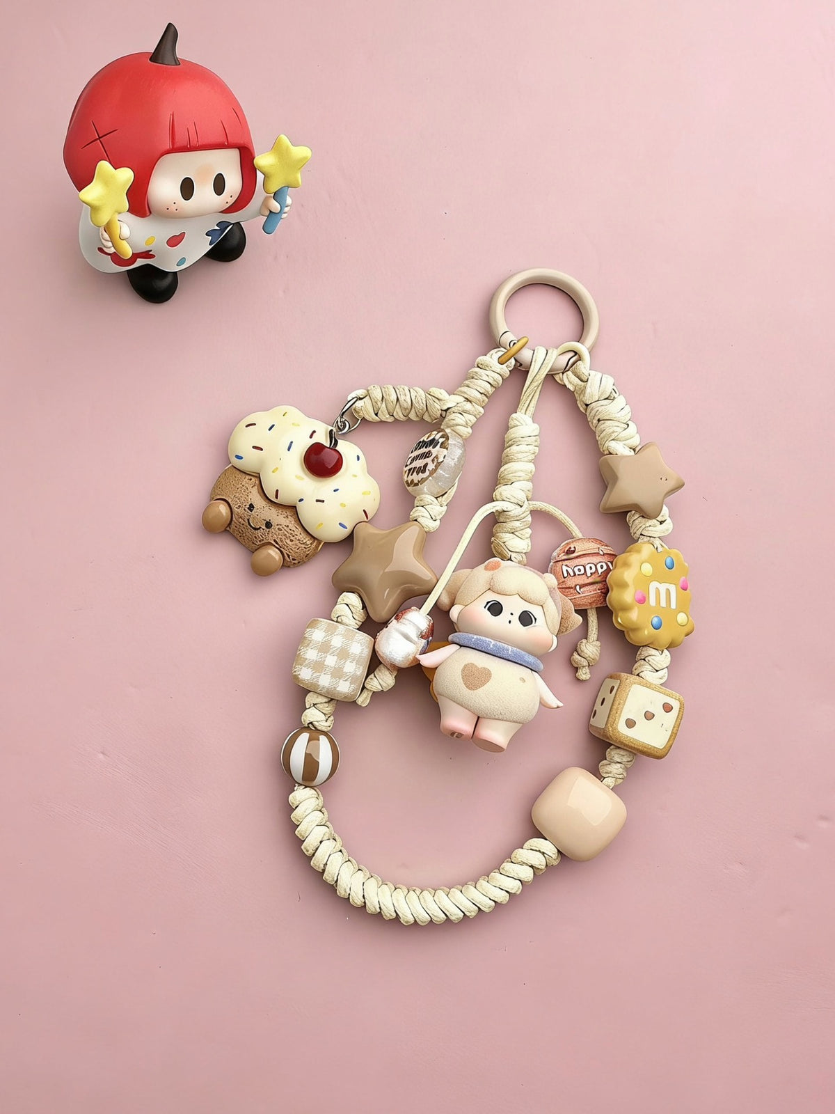 Handmade Braided Cord Phone Charm with Beige Ring