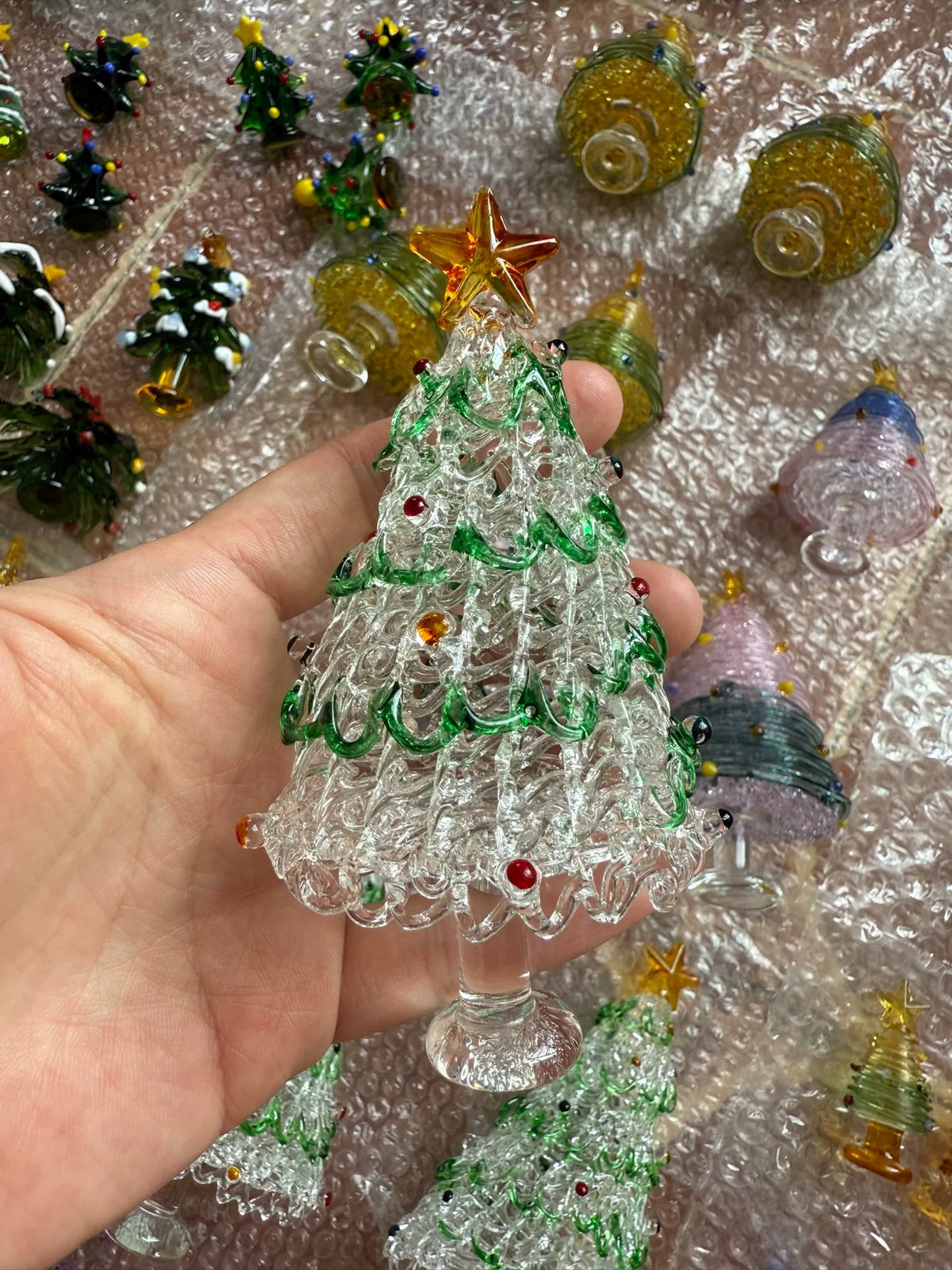 Glass Christmas Tree Figurines with Green Swirls