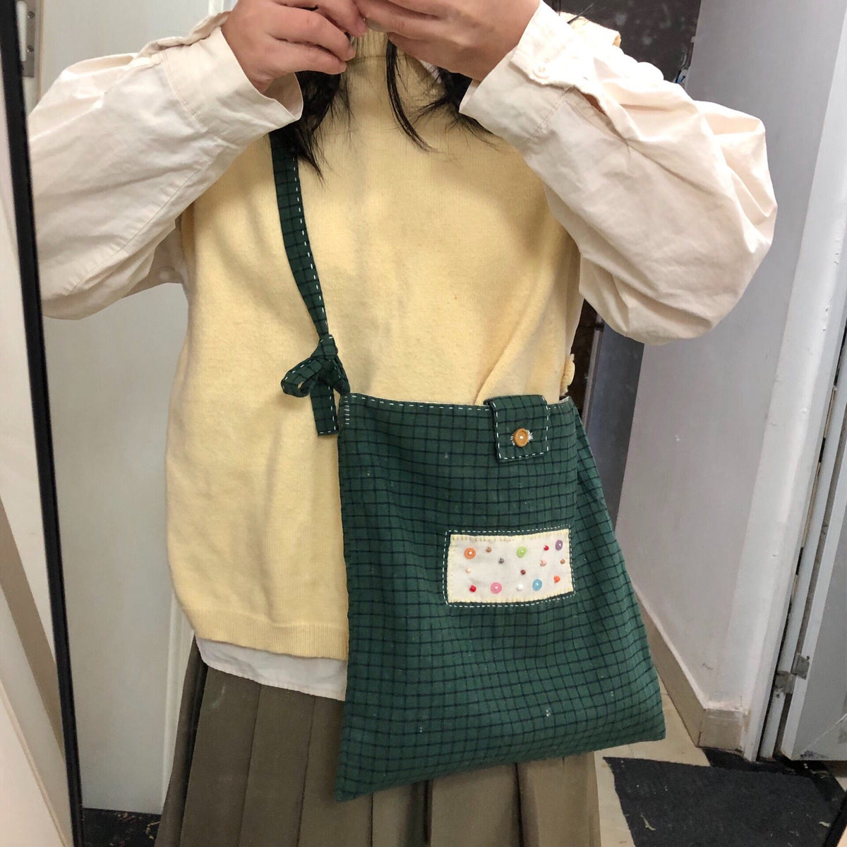 Handmade Adjustable Dark Green Checkered Canvas Bag