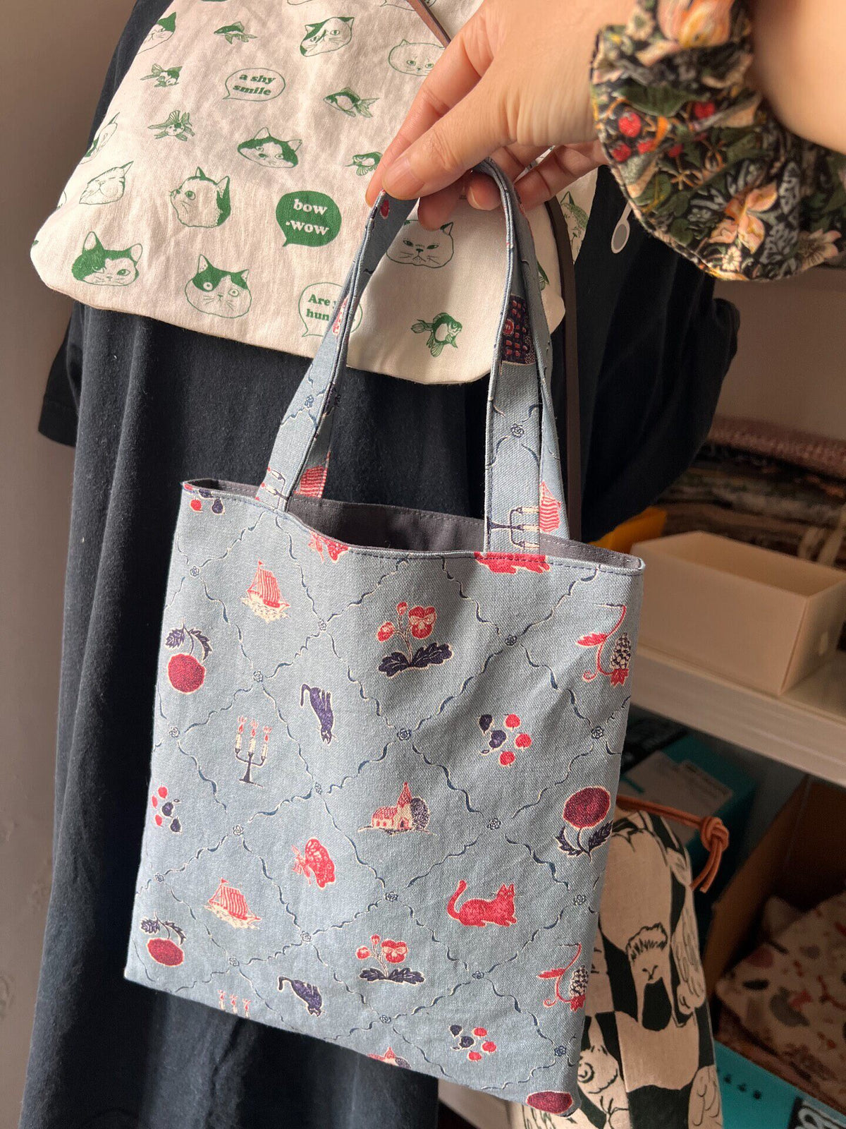 Cotton Linen Tote Bag with Folk Art Print