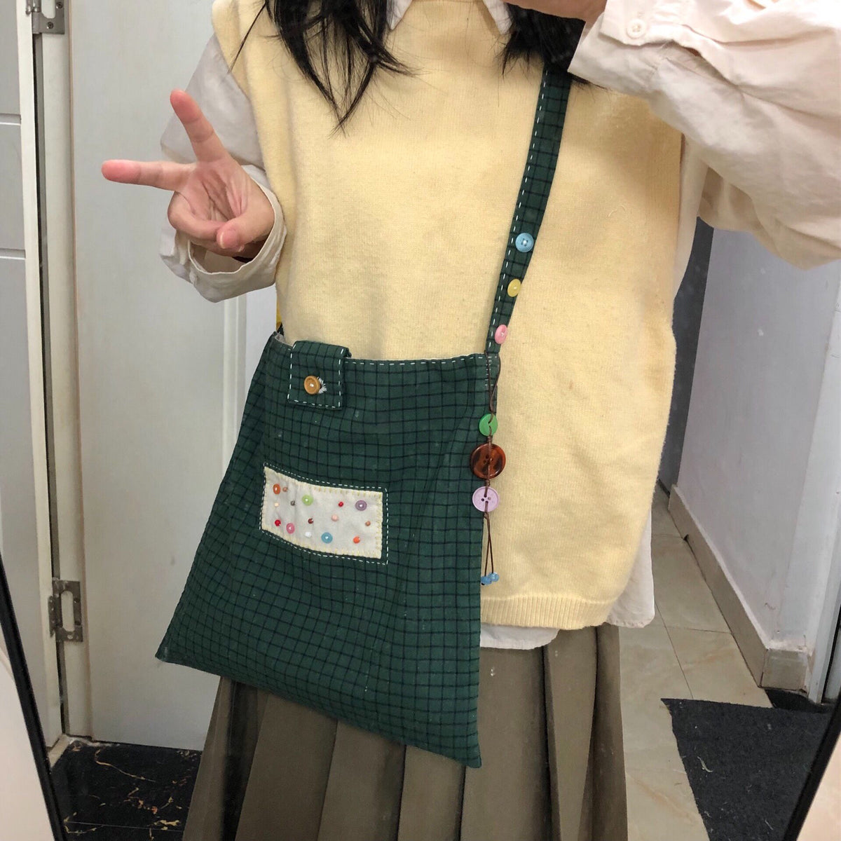Handmade Adjustable Dark Green Checkered Canvas Bag