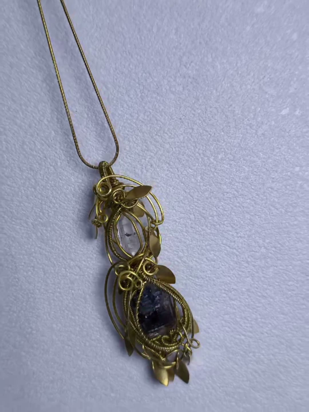 Handmade Brass Wire Wrapped Crystal Pendant Necklace