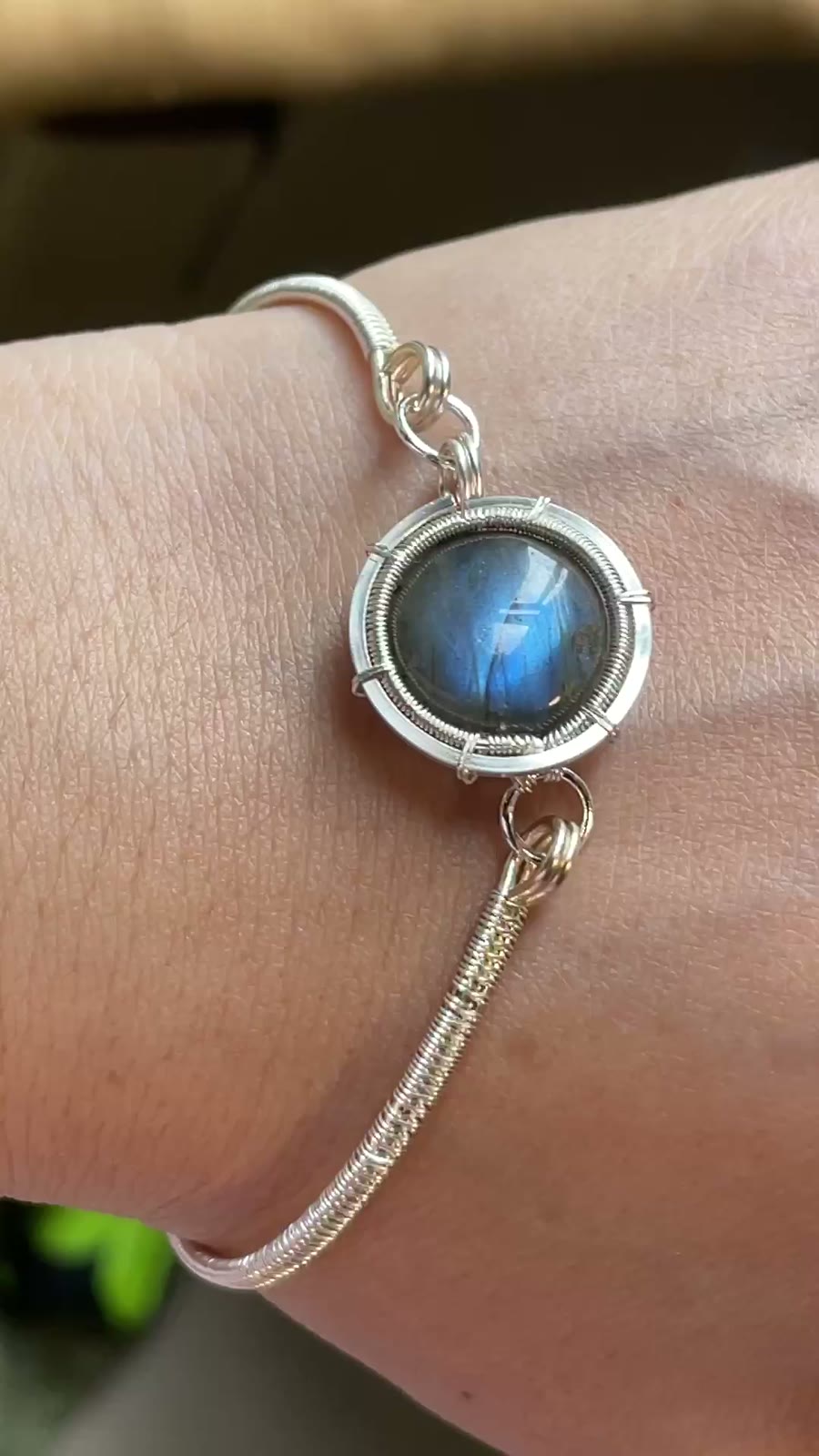 Blue Flash Labradorite Wire Wrapped Bracelet