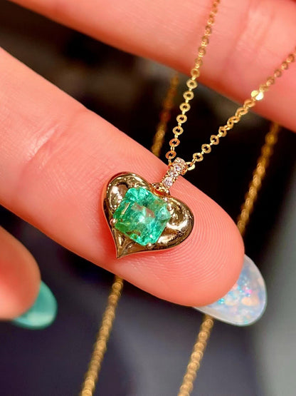 18k Gold Heart Pendant with Square Green Gemstone and Pavé Bail