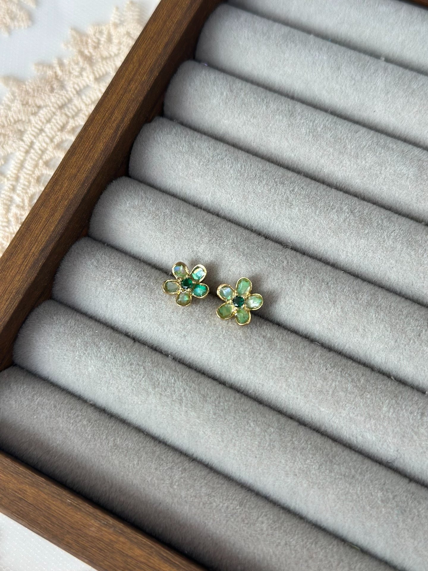 Small Flower Shell Inlay Earrings with Dyed Green Petals and Four Gemstone Colors