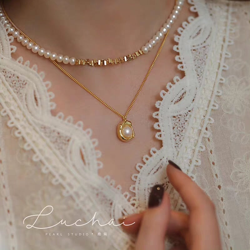 Freshwater Pearl Gold Bead Necklace