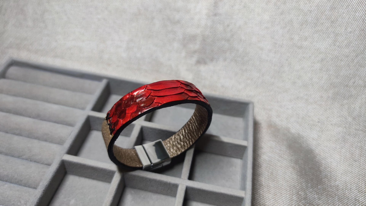 Red Snake Skin Gold Leather Cuff Bracelet