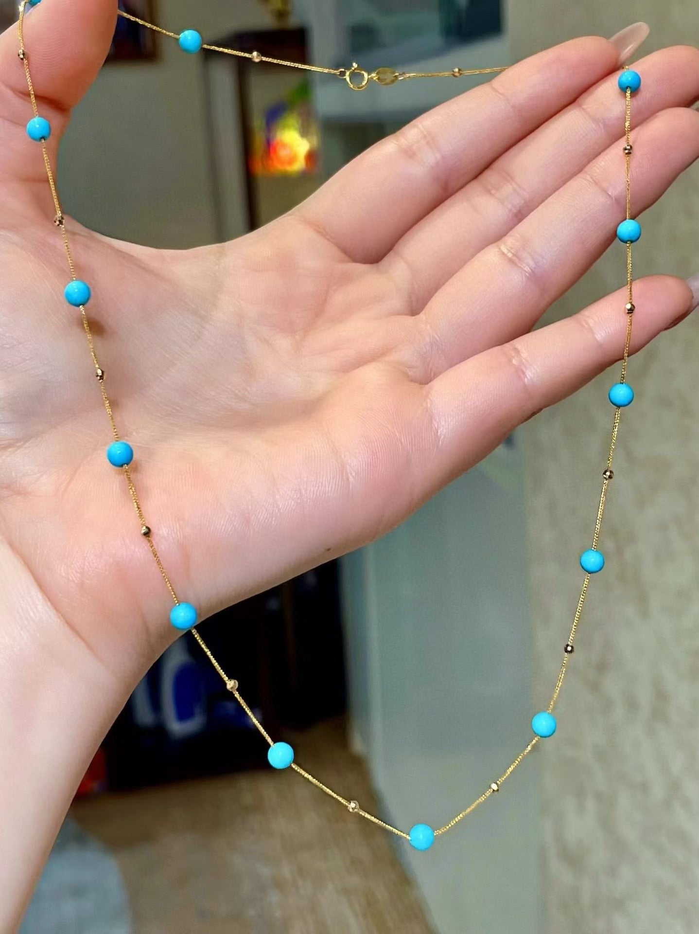 18K Gold Sleeping Beauty Turquoise Starry Sky Necklace, 4-4.3mm Beads