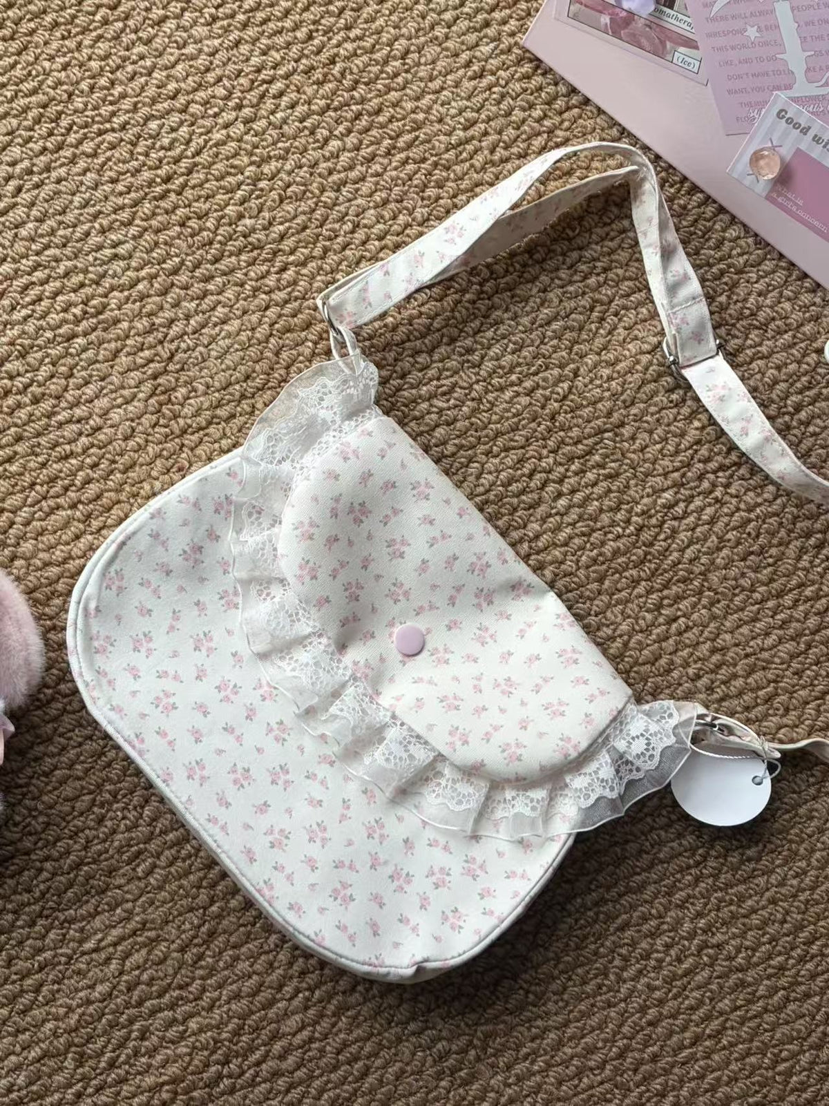 Pink Floral Lace Trim Crossbody Bag