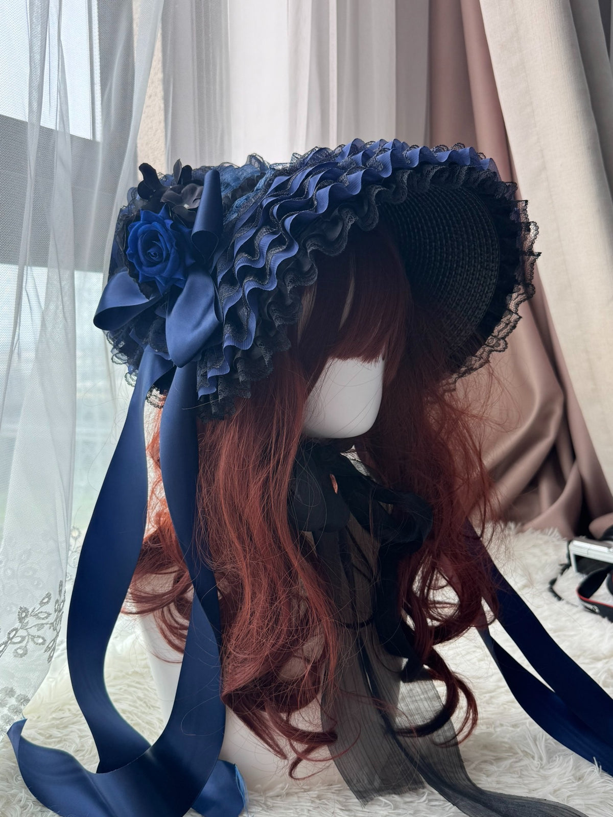 Handcrafted Lolita Hat Black Blue Pearl Tassel