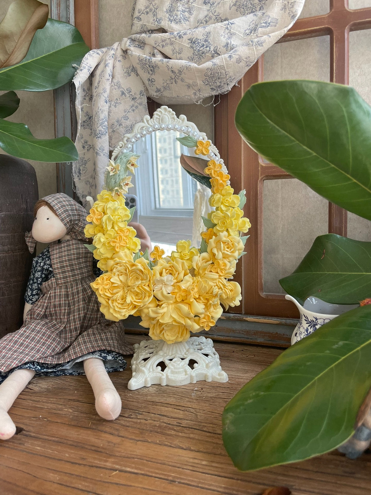 Clay Flower Decorated Oval Vanity Mirror