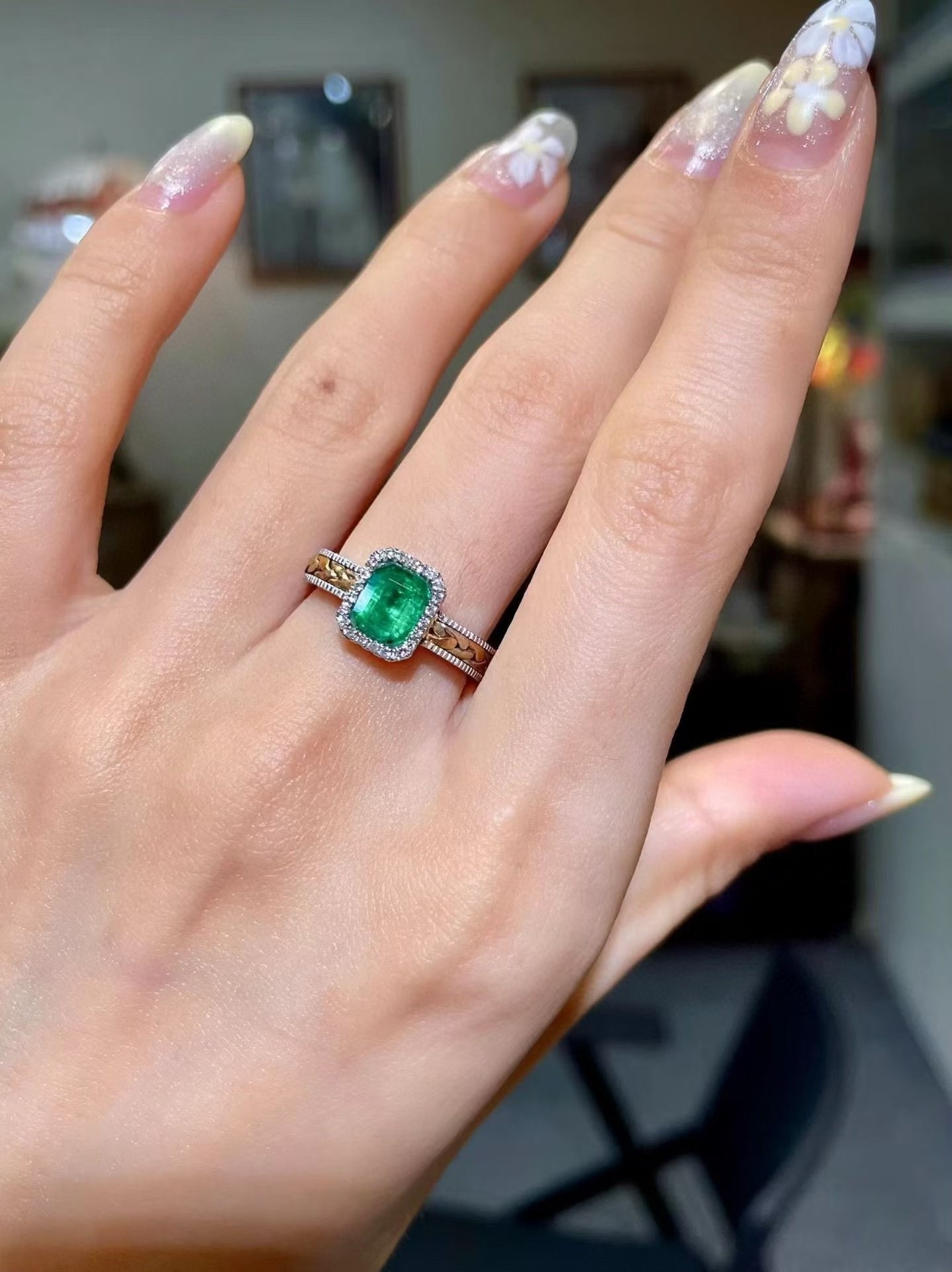 18k Tri-Color Gold Woven Band Emerald and Diamond Ring