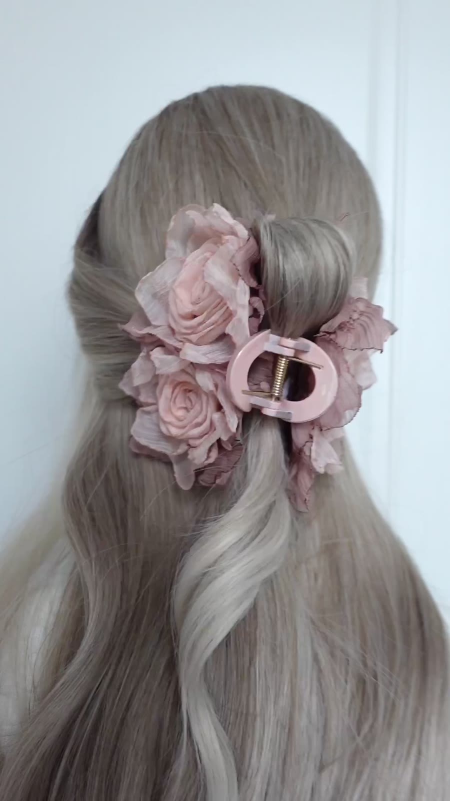Peach Fabric Rose Claw Clip