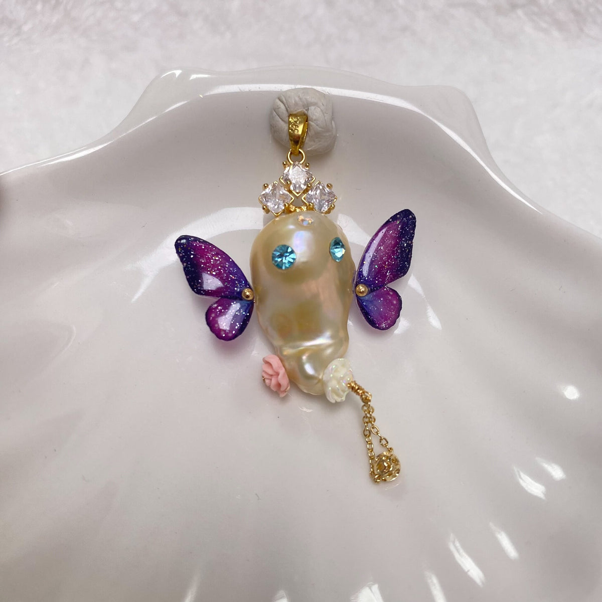 Baroque Pearl Ghost Pendant with Butterfly Wings