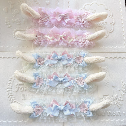 Lolita Plush Ear Headband with Lace and Satin Bow